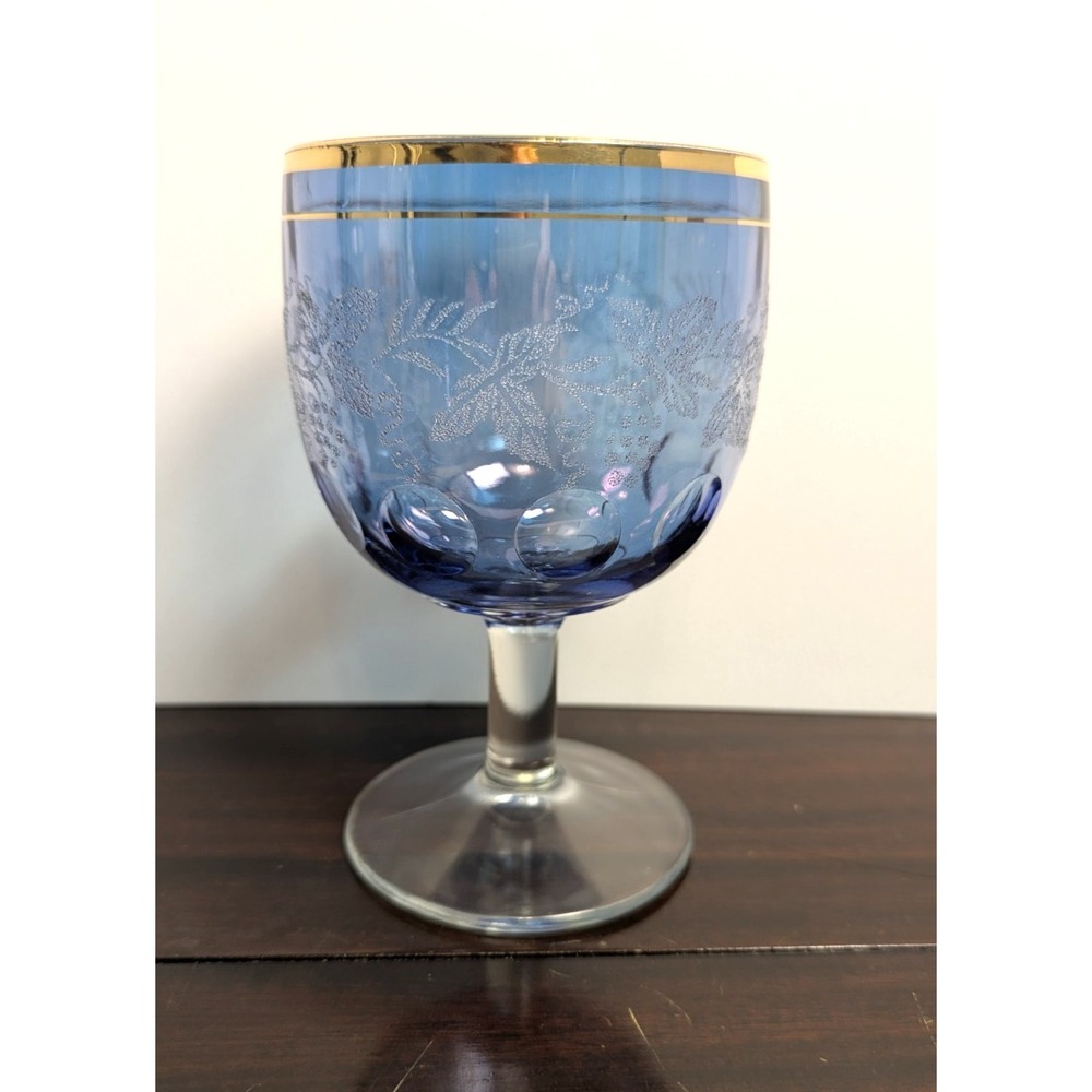 Vintage Blue Glass Goblet Gold Gilt Etched Grapevine Thumbprint Wine Glass